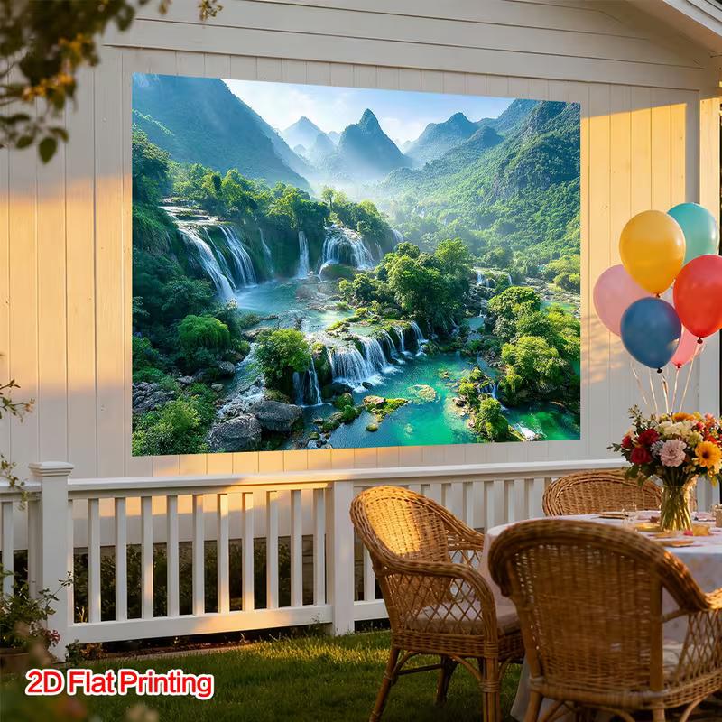 Lush Waterfall Landscape Tapestry, Serene Green Mountains, Cascading Falls and Turquoise River, Peaceful Nature Wall Art