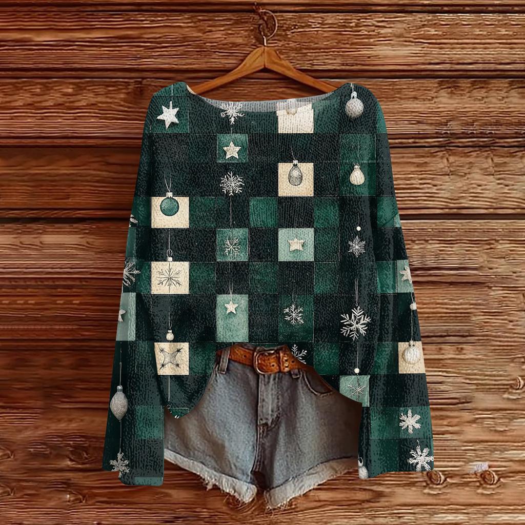 Ladies' Fashionable Casual Long Sleeved Christmas Printed Round Neck Knitted Yarn