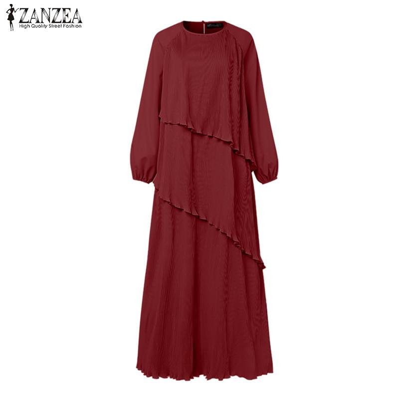 ZANZEA Women Casual O-Neck Ankle Length Lantern Sleeve Pleated Design Dress