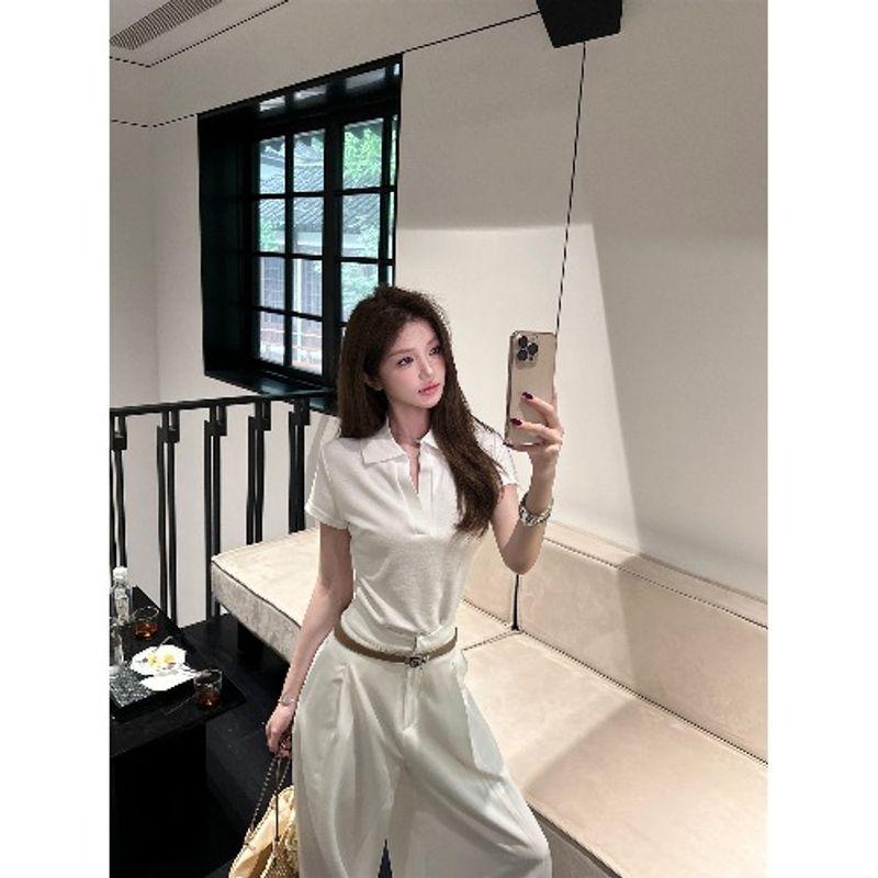

Kumikumi Design Sense Lapel Shoulder Short sleeve T-shirt Women Summer Slimming Drape Casual Pants Trousers Two-piece Set Belt One size