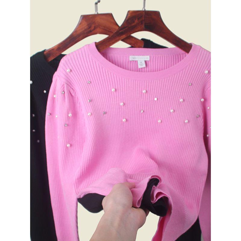 Fresh Sweet Fashion Temperament Pearl Decoration Knit sweater Women Foreign Trade Rib Japan fashion Light Luxury Bottoming Shirt