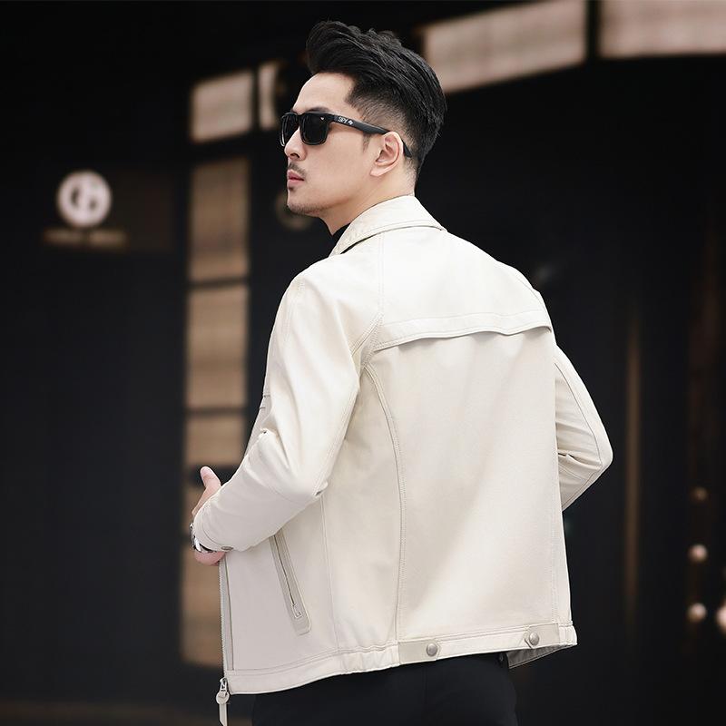 New Genuine Leather Jacket Men's Goat Leather Jacket Lapel Motorcycle Casual Trendy Short Fashionable Jacket for Young and Middle-aged People
