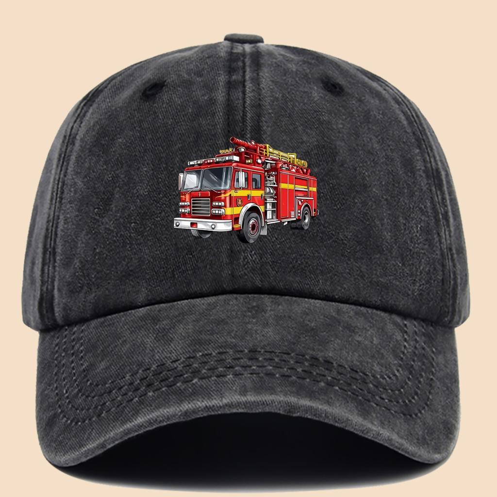 Pc Polyester Illustrated Fire Truck Creative Minimalist Themed Design Printed Baseball Cap Urban Casual Headwear Black Papa T