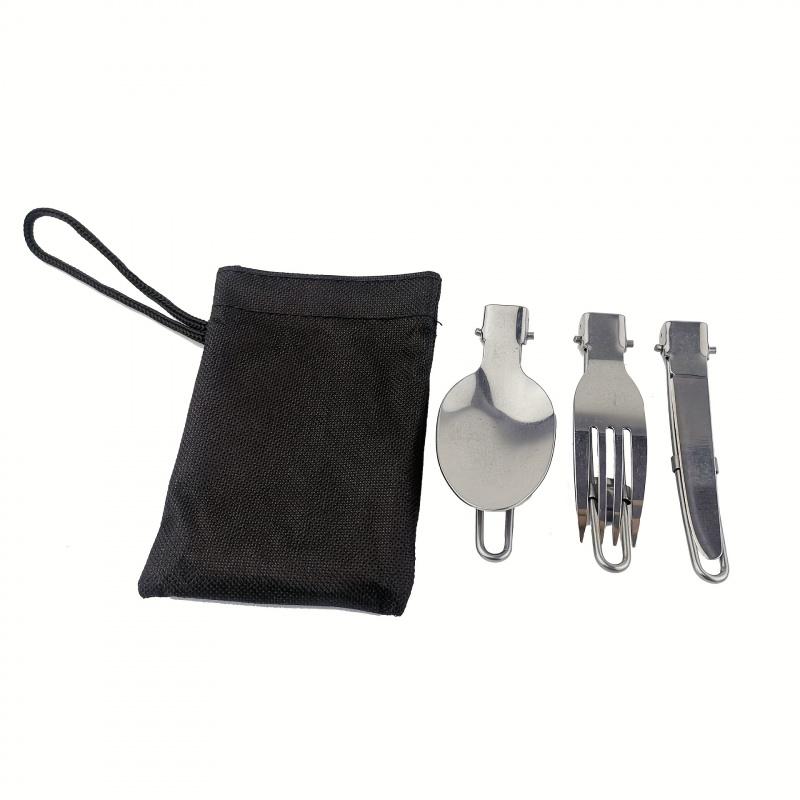 Stainless Steel Camping Tableware Set Of 3 With Folding Spoon Fork Knife And Storage Bag, Outdoor Camping Portable Tableware