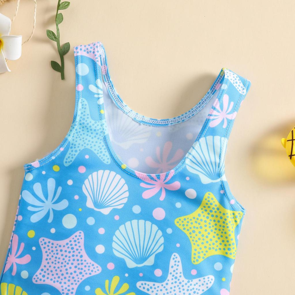 Girl's Shell Print One-Piece Swimsuit with Skirt - Beach & Sunscreen Ready