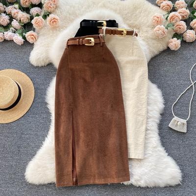 Frauen Koreanische Split Langen Rock Cord Schlank Dicken Streetwear Vintage Herbst