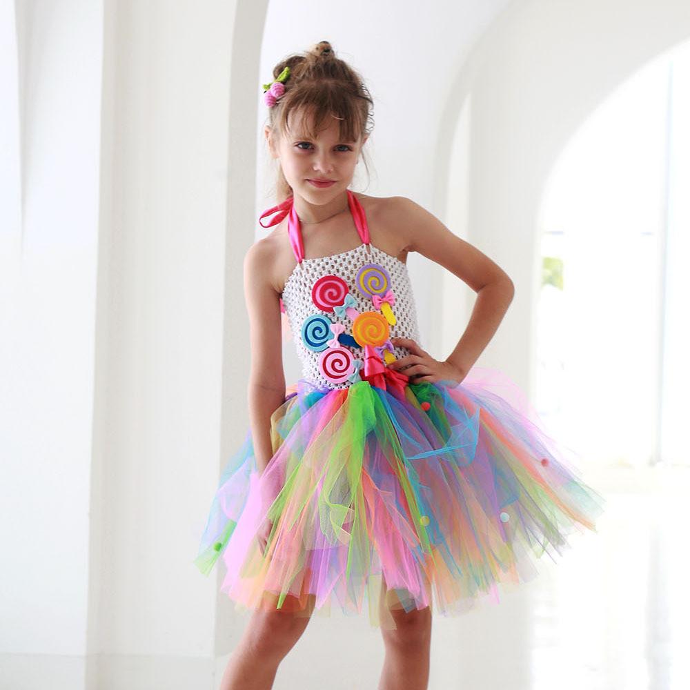 

Дети Девочки конфеты сладкий леденец радуга сетчатое платье пачка детские костюмы для косплея на Хэллоуин ребенок ролевая игра принцесса наряд для вечеринки S
