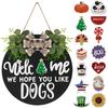 Interchangeable Wooden Seasonal Welcome Sign, Rustic Round Dogs Sign Front Door Wreaths for Home/Wall/Porch Decor, for Easter Spring Summer Fall