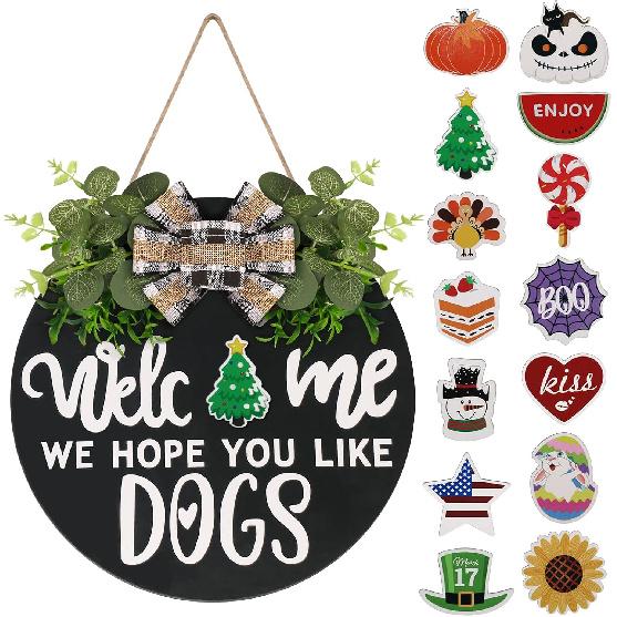 Interchangeable Wooden Seasonal Welcome Sign, Rustic Round Dogs Sign Front Door Wreaths for Home/Wall/Porch Decor, for Easter Spring Summer Fall