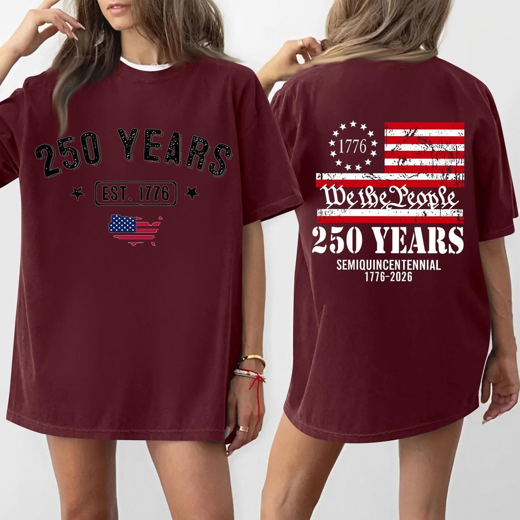 Women's Casual Independence Day 250 Anniversary Printed T-shirt Round Neck Pullover Short Sleeve Top