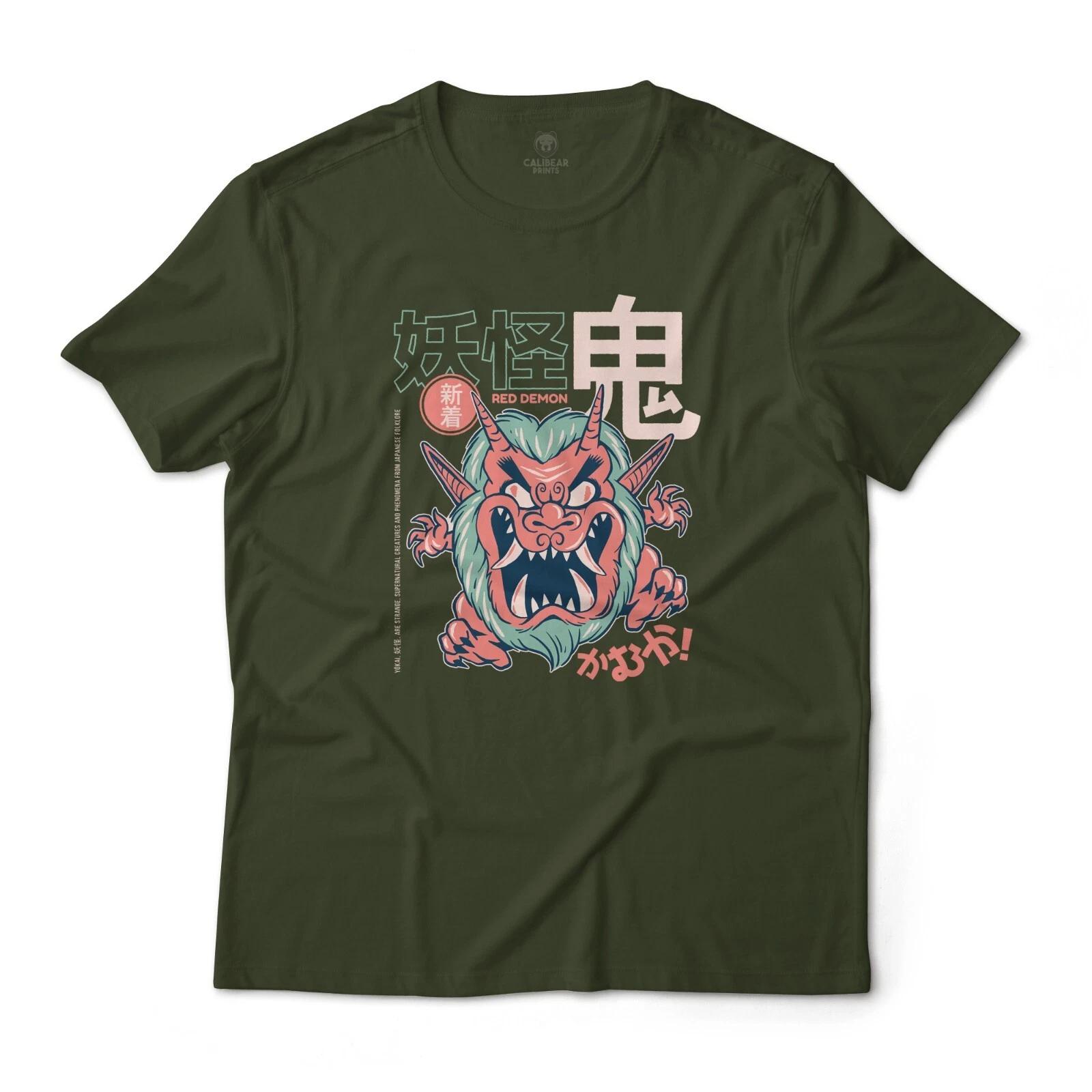 Red Japanese Yokai Demon Aesthetic Graphic Art Tee Fine Jersey Novelty T-T-Shirt S