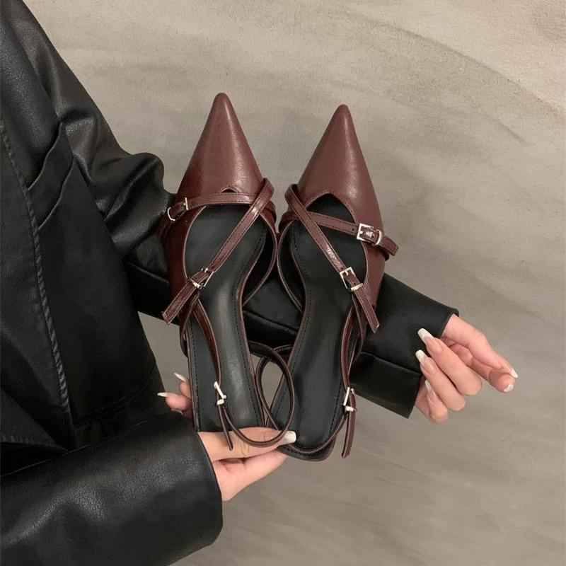 High heels women's spring and summer new retro pointed heel belt buckle bag head single shoes with skirt sandals