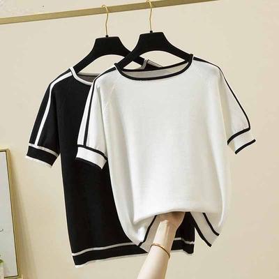 2023 manga curta fina malha t camisa feminina verão topos roupas femininas listrado moda camiseta femme 18841