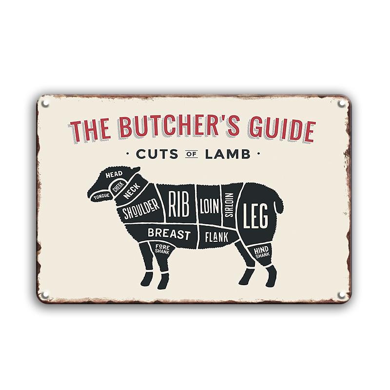 INEED Antikes „The Butcher's Guide“-Blechschild im Vintage-Stil, Tier-Küchen- und Marktdekor, Blechschild, Kunstposter, Metallplatte, Wanddekoration