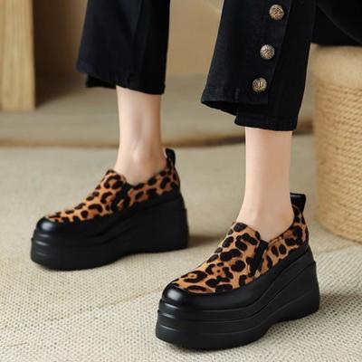 Fashion Fall New Slope Heel Single Shoes Women's Round Head Deep Mouth Leopard Thick Sole Anti-slip Wear-resistant Low-top Shoes