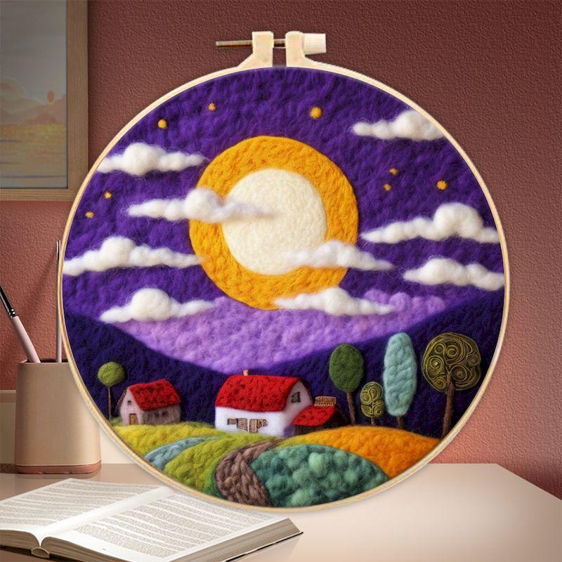 CHENISTORY Wool Felt Painting Diy Creative Making Wool Felt Kit With Embroidery Colorful Scenery Needle Wool Painting Complete K