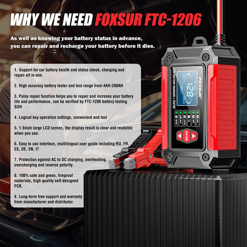 FOXSUR 12V 6A FTC-1206 Smart Car Battery Charger 2 in 1 For Motor Car Repair Mode LCD Display AGM LiFePO4 Lead Acid