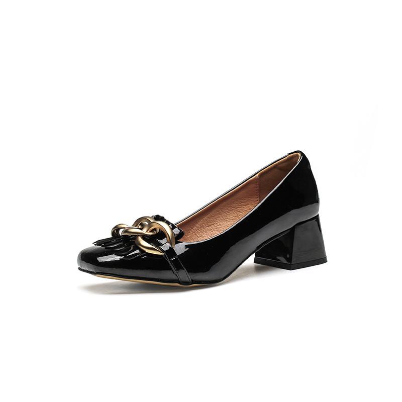 

thick heel medium heel square head light mouth single shoes black patent leather commuter work shoes fringed small leather shoes spring and autumn h 34