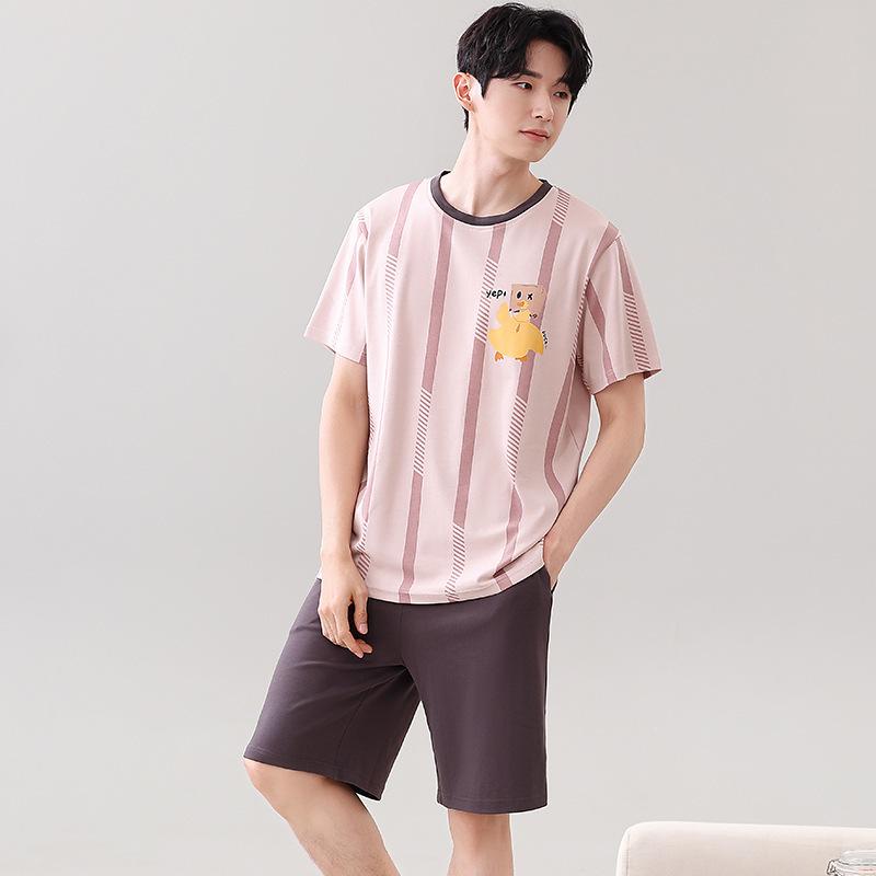 Couple's Summer Cotton Pajama Set: Cute Short Sleeve & Shorts for Women, Wear-Outside Style for Men.