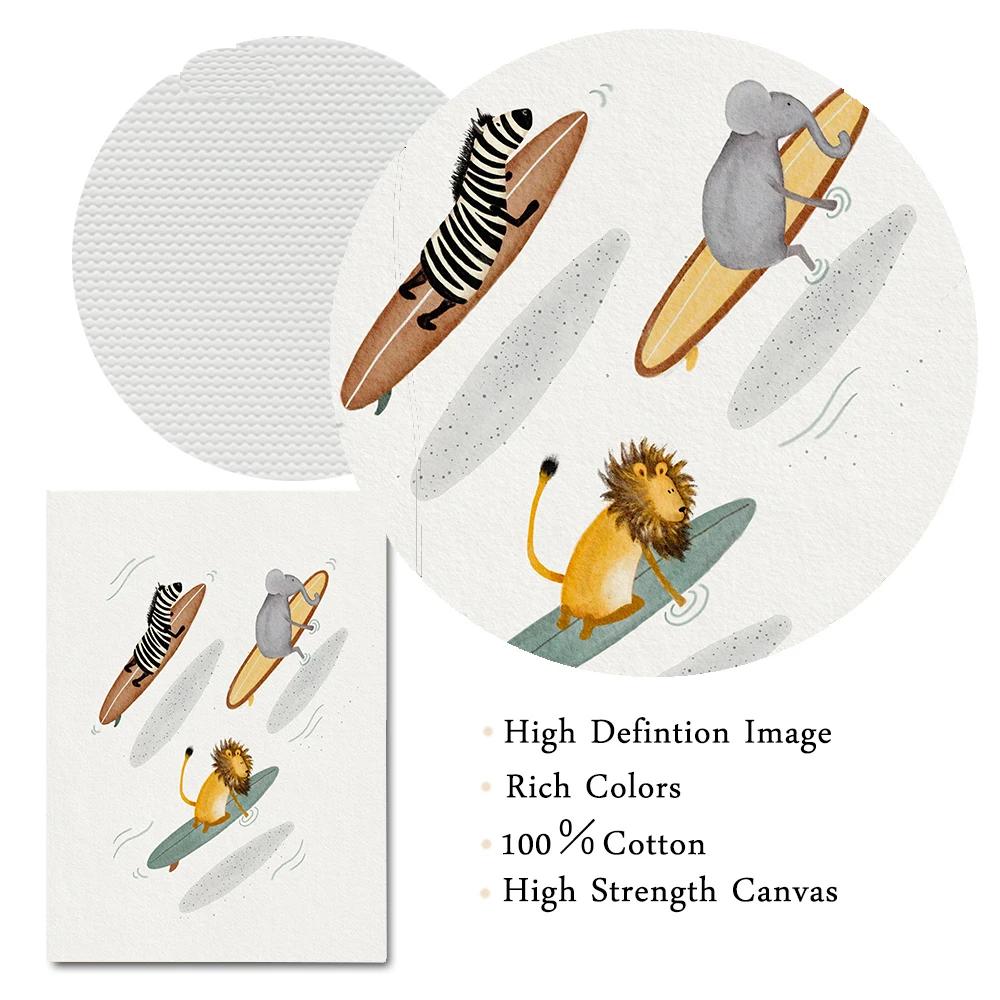Girls Nursery Gallery Painting Whale Beach Surf Canvas Print Surfing Animals Tiger Elephant Zebra Wall Art Poster Pictures Decor