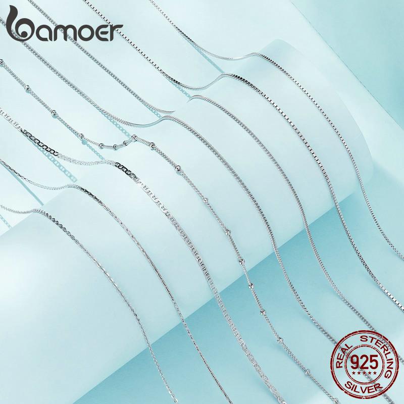 BAMOER Classic Basic O-chain Solid 925 Silver Lobster Clasp Adjustable Necklace Box Cable Chain DIY Jewelry for Women