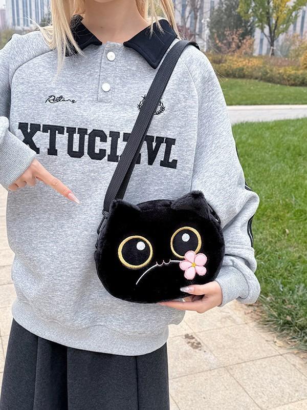 Cute Plush Cat Embroidered Small Shoulder Bag For Daily Use