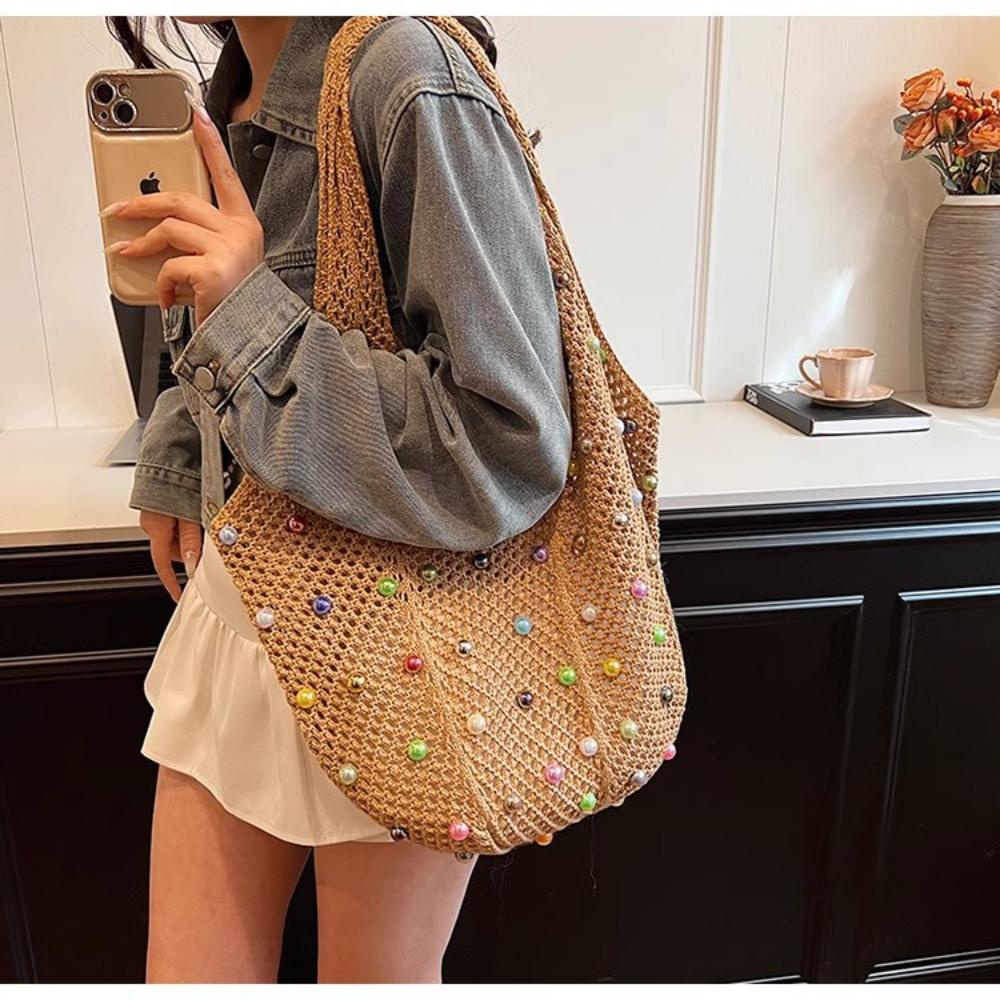 Bunte Perlen Boho Tasche Große Kapazität Stricktasche Ästhetisch Häkeln für Urlaub Strand