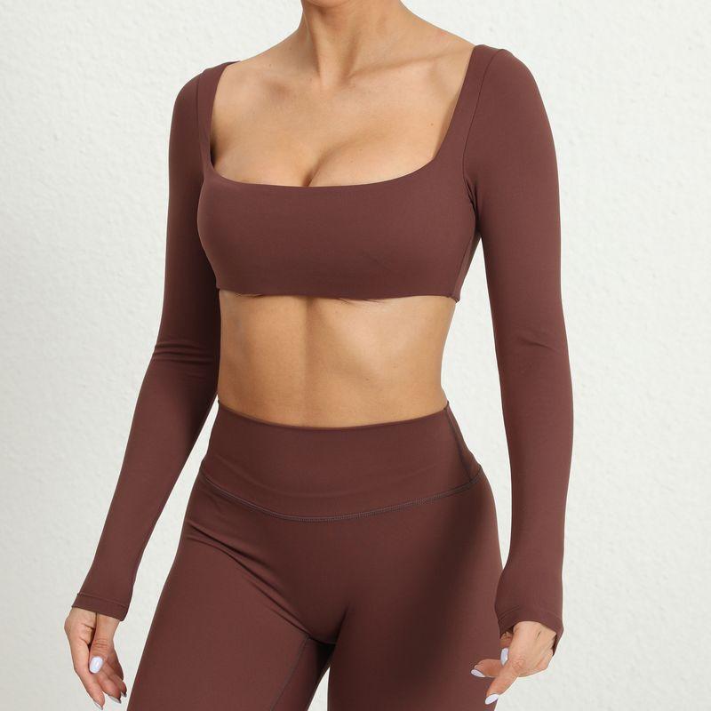 

2024 Fashion Square Collar with Chest Pad Long Sleeve Yoga Wear Outdoor Running Fitness Clothes Quick-Drying Sexy Sports Tops Women Coffee L