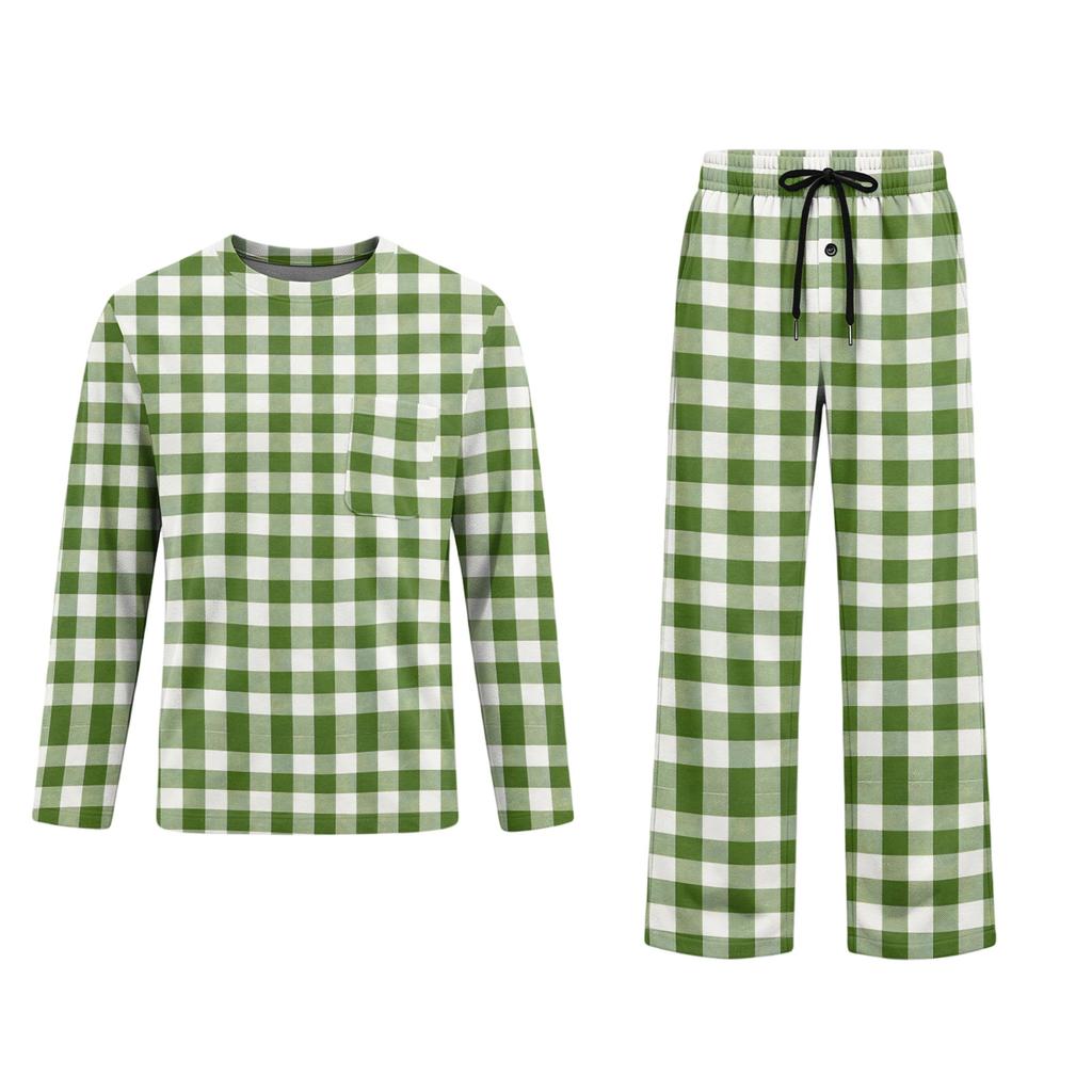 Men's Pajama Set Long Sleeve Top and Long Pants with Button Crotch and Elastic Drawstring Waist for Home Loungewear