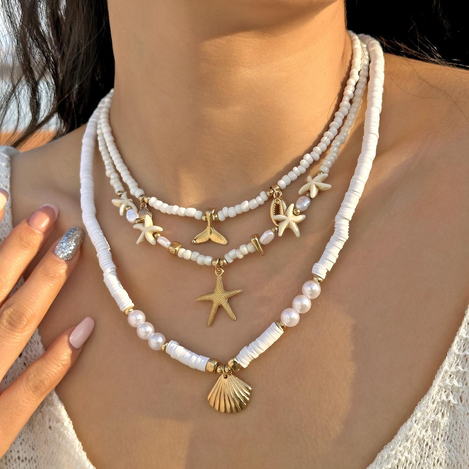 

Bohemian Multi-Layer Necklace Fashionable Exaggerated 5-Piece Set Shell Starfish Rice Beads Multi-Layer Necklace Set