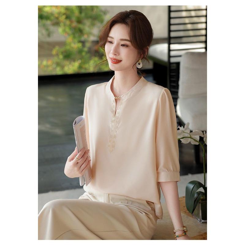 

Womens Elegant Embroidered V Neck Chiffon Blouse XL розовый