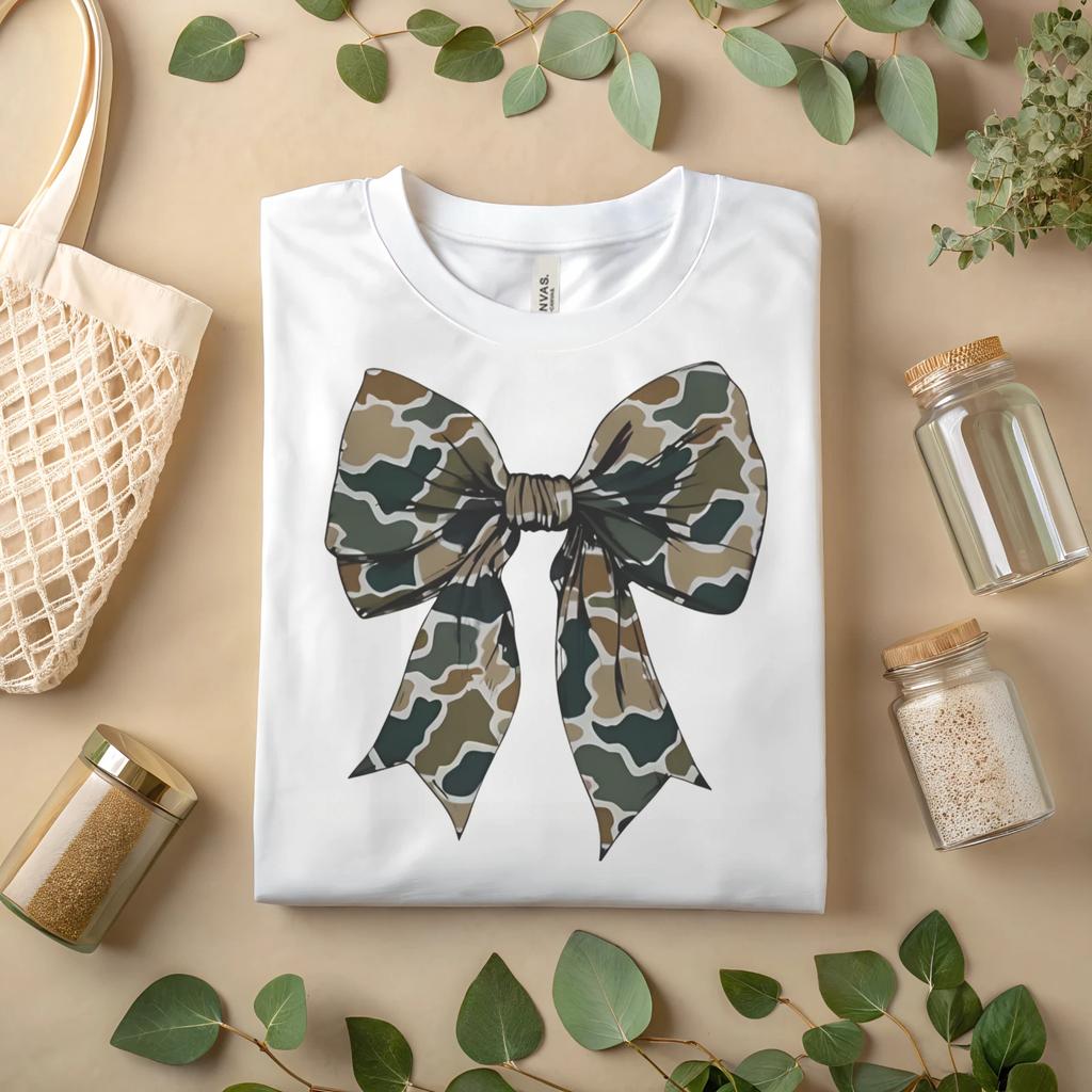 Camo Bow T-Shirt – Camouflage Ribbon Graphic Tee for Women A510