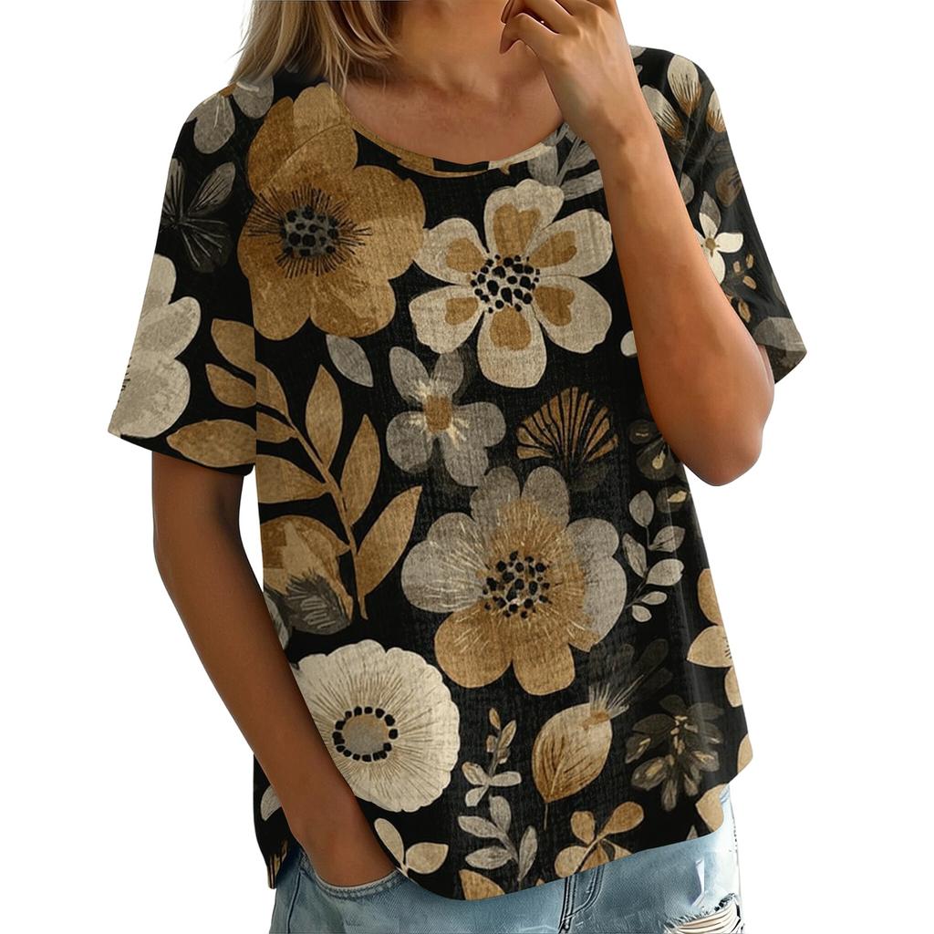 Women's Retro Print Round Neck Short Sleeve T-Shirt - Cotton Linen Tee, Casual Summer Top, Soft and Breathable, S-XXL