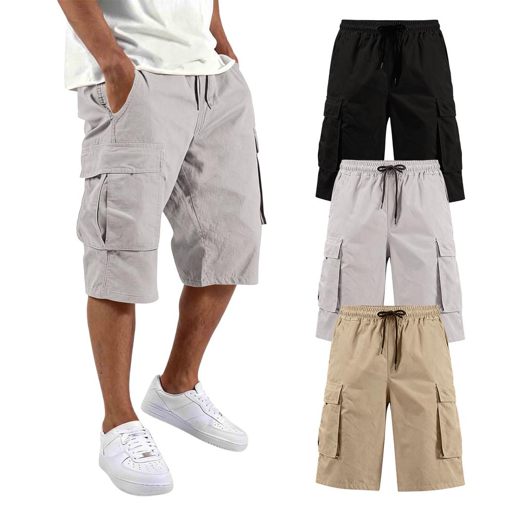Mens Cargo Shorts 3 Pack Multi Pocket Drawstring Waist Relaxed Fit Knee Length Workwear Shorts for Daily Wear