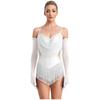 Womens Sparkling Tassel Dancewear Mesh Draped Leotard Rhinestone Fringed Bodysuit Adjustable Strap Gymnastics Outfit