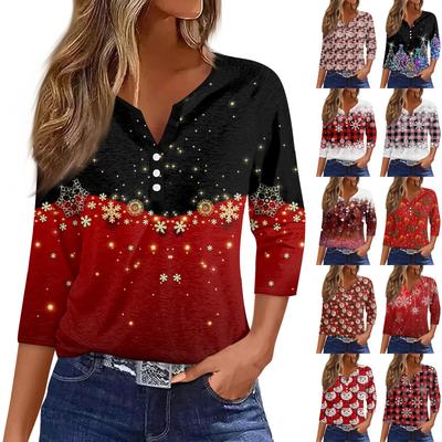 Women's T Shirt Tee Print Button  3/4 SleeveDaily Weekend Fashion Basic V- Neck Regular Top