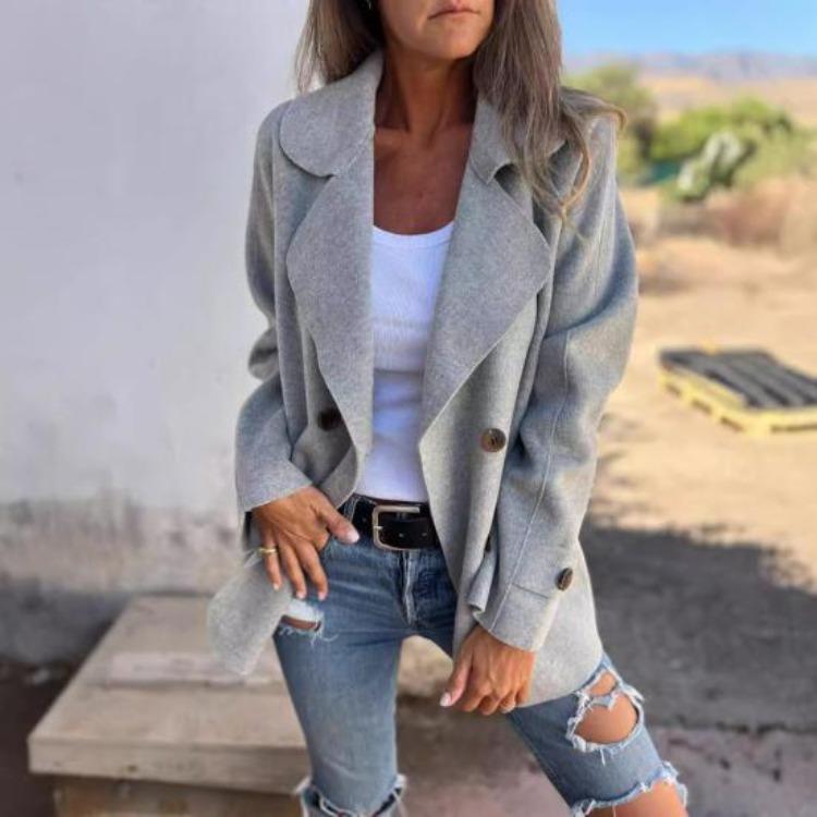 Women Winter Double Breasted Woolen Overcoat Turn Down Collar Loose Fit Thermal Long Sleeve Coat Solid Color Dating Commuting Outerwear