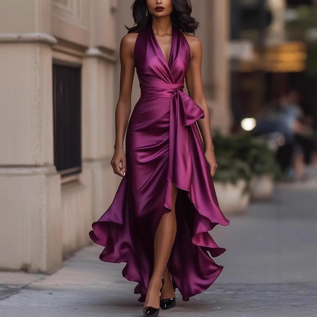 Women's Black Deep V Halter Satin Evening Gown with Asymmetrical Hem and High Slit