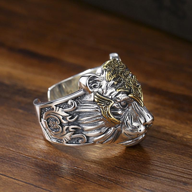 Men's Trendy Adjustable Retro 925 Sterling Silver Tiger Head Ring - Hip Hop Style, Large Size, Domineering Design.