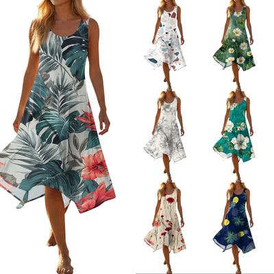Ärmelloses lässiges Midi-Kleid mit Blumenprint, Rundhalsausschnitt und asymmetrischem Saum für Damen, Sommer-Strandmode