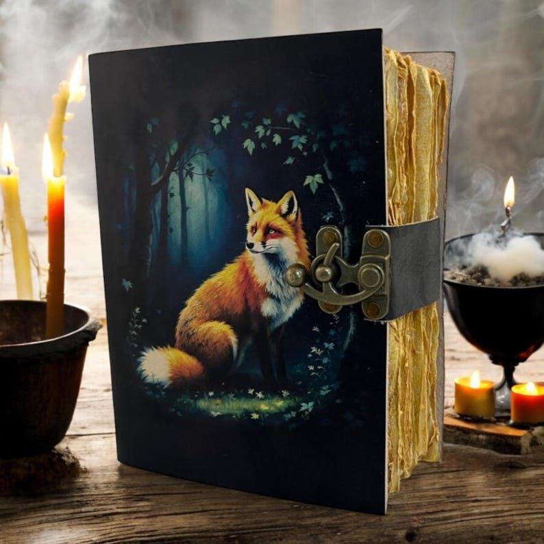 Fox Vintage Handmade leather Journal, Grimoire Fat journal Blank spell book of shadows Celestial Christmas Gifts For Him Her