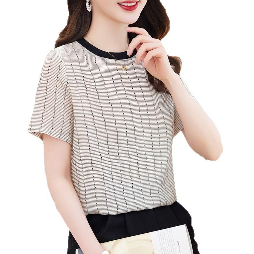 Fashion striped printed silk T-shirt women's short-sleeved summer wear new temperament thin mulberry silk top
