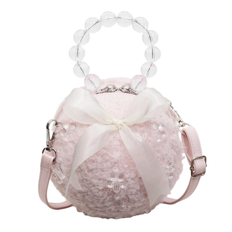 Nuova Borsa Rotonda Peluche con Perline Stile Cinese Portatile per Uso Quotidiano Casual