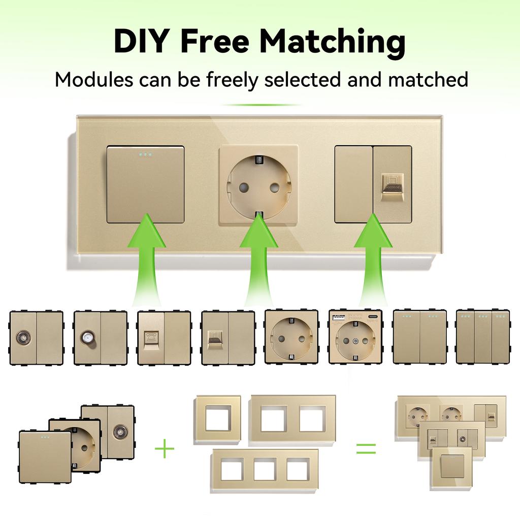 BSEED Mechanical Button Light Switches 1/2/3Way Half TV RJ45 ST Plug EU FR Wall Sockets USB Type-c Ports DIY Parts Glass Frames