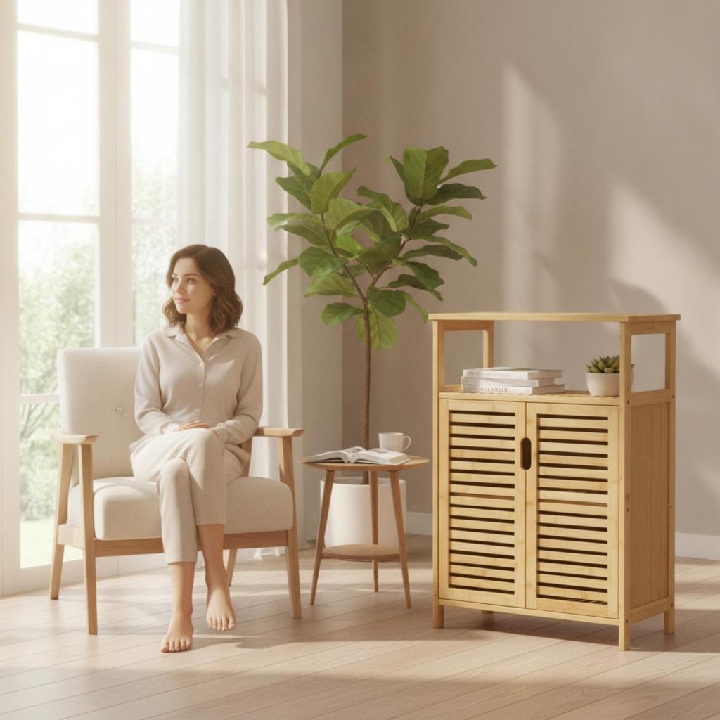 Bamboo Storage Cabinet Minimalist with Slatted Doors Easy To Maintain