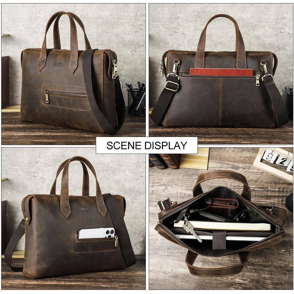 CONTACT'S Genuine Leather Briefcase Shoulder Messenger Bags Vintage Crazy Horse Leather Bag for 13.3 inches Laptop Large Capacity Business Bags