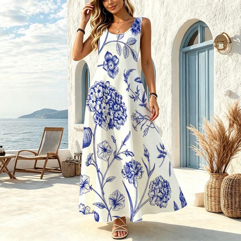 Blue White Floral Sleeveless Maxi Dress for Women Lightweight Flowy Beach Vacation Dress,Casual Versatile Summer Long Dress