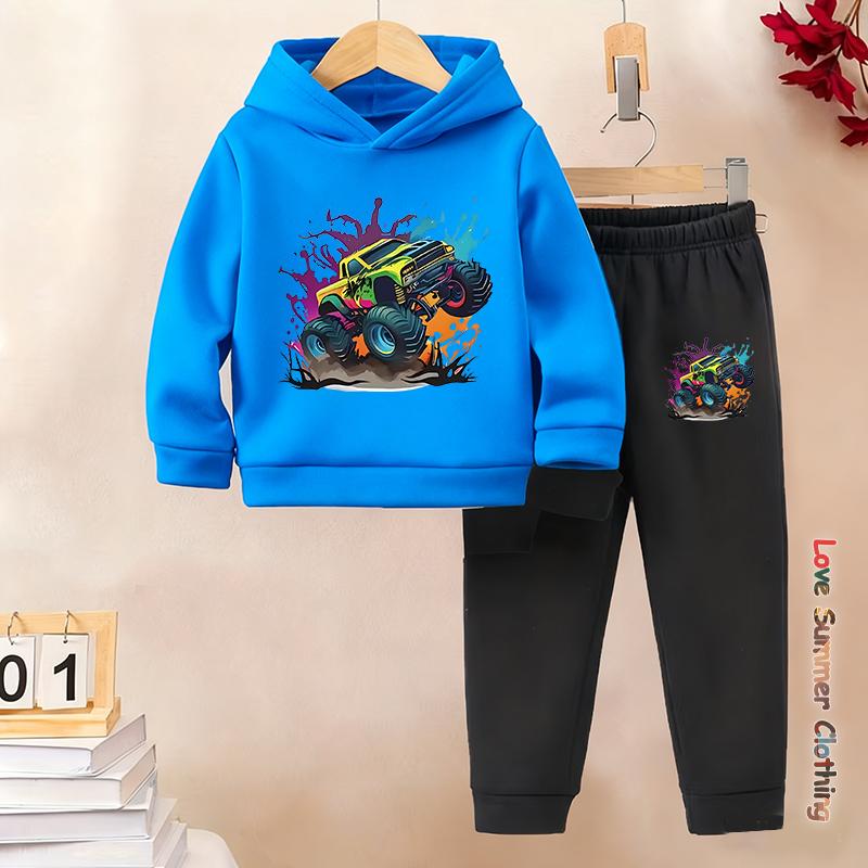 2pcs Boys Hoodie Set Motorcycle Excavator Road Car Thermal Long Sleeve Sporty Pants Hoodie Set Gift Ideal Daily Outdoor Wear