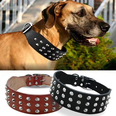 Hundehalsband aus echtem Leder für große Hunde, cooles Haustierhalsband mit Nieten und Spikes für Pitbull, Mastiff, Boxer, XS, SML, Schwarz, Braun