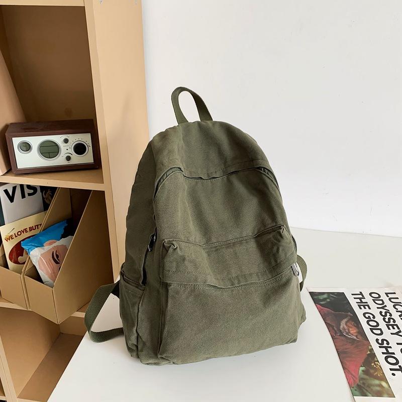 School Bag Vintage Style Washed Canvas Backpack for Women, for Junior High, High School, and College Students, Simple Solid Color Backpack